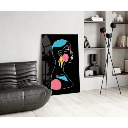Stunning glass wall art: abstract turquoise pink profile on black canvas