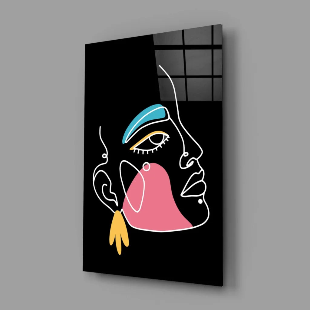 Neon abstract face canvas wall art with bold turquoise pink accents