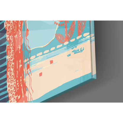 Teal coral abstract wall art canvas print with bold red turquoise beach patterns