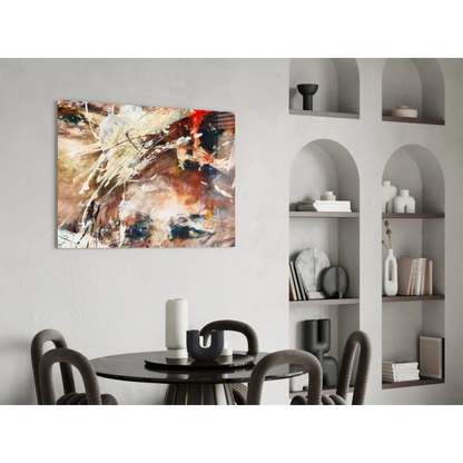 Bold abstract canvas wall art with earthy red and brown strokes on white wall