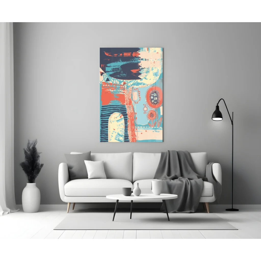 Teal coral abstract canvas wall art with bold brushstrokes