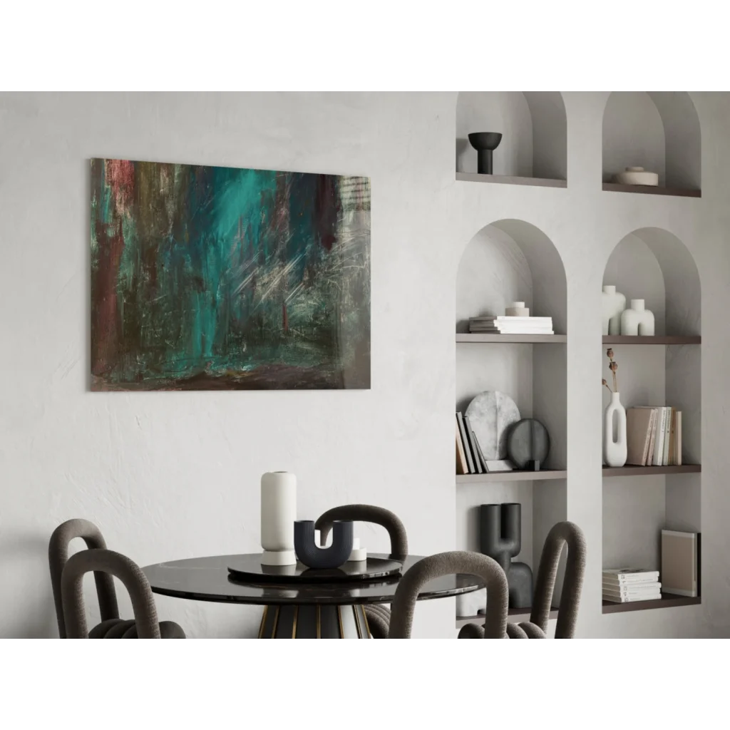 Bold teal and brown textured abstract canvas wall art on white wall