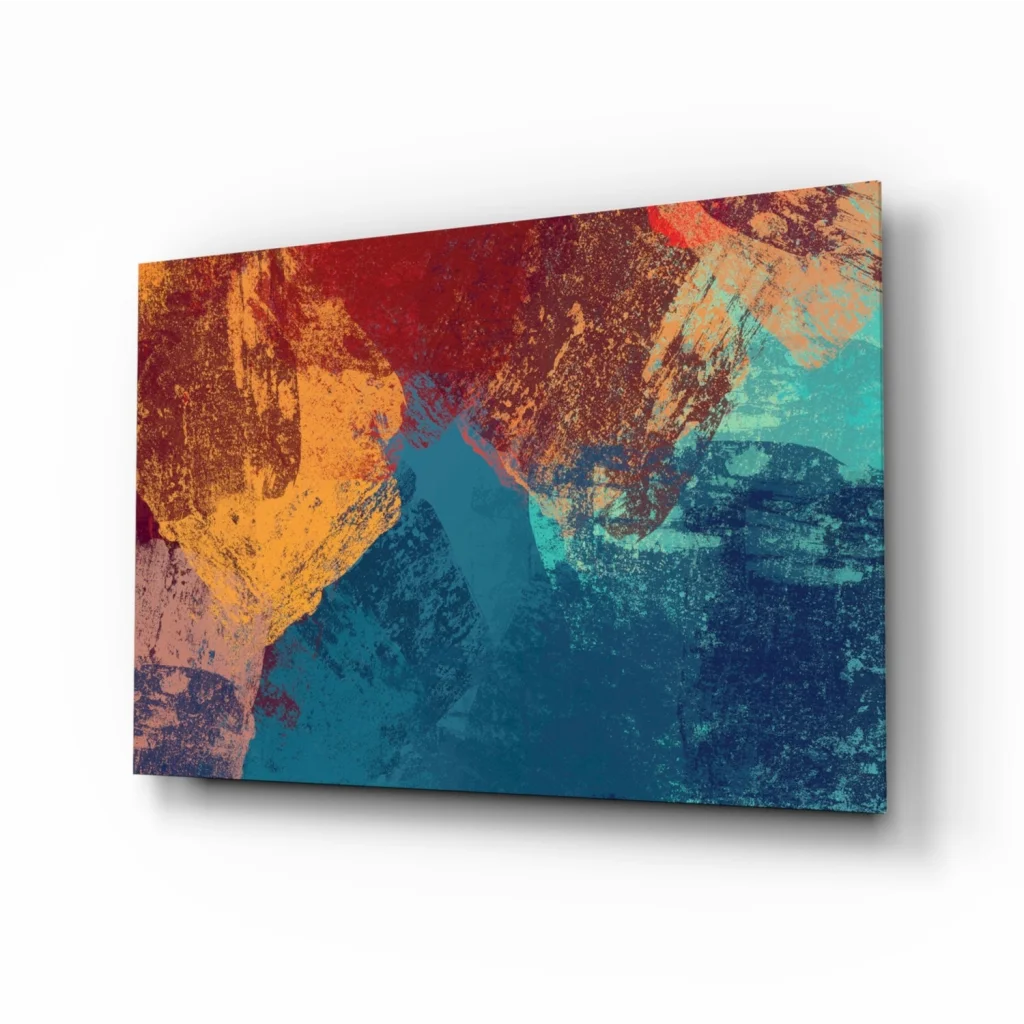 Vibrant abstract glass wall art with bold red orange teal strokes