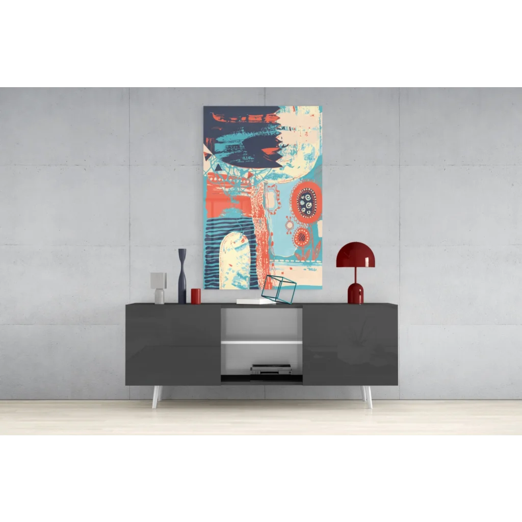 Vibrant teal coral abstract canvas wall art with bold red brushstrokes