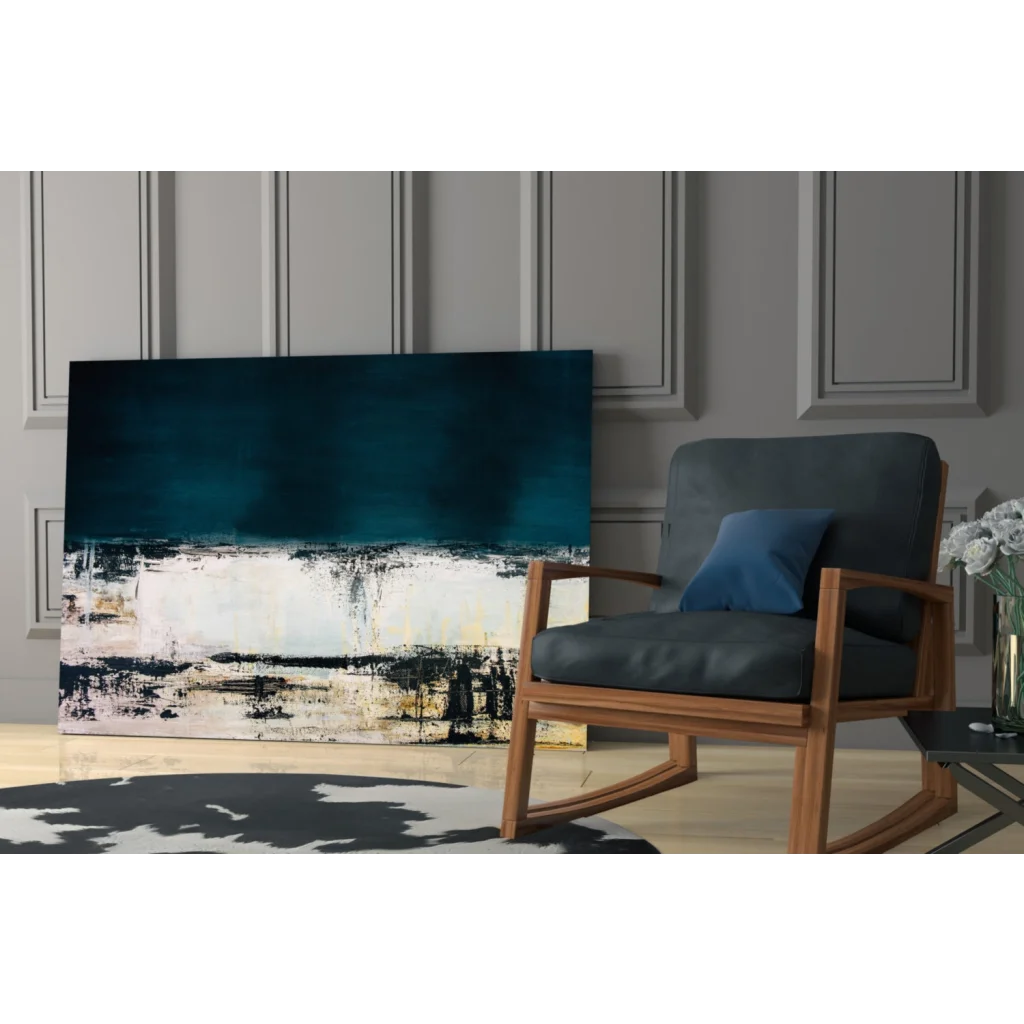 Modern teal abstract wall art canvas with bold brushstrokes and gold accents