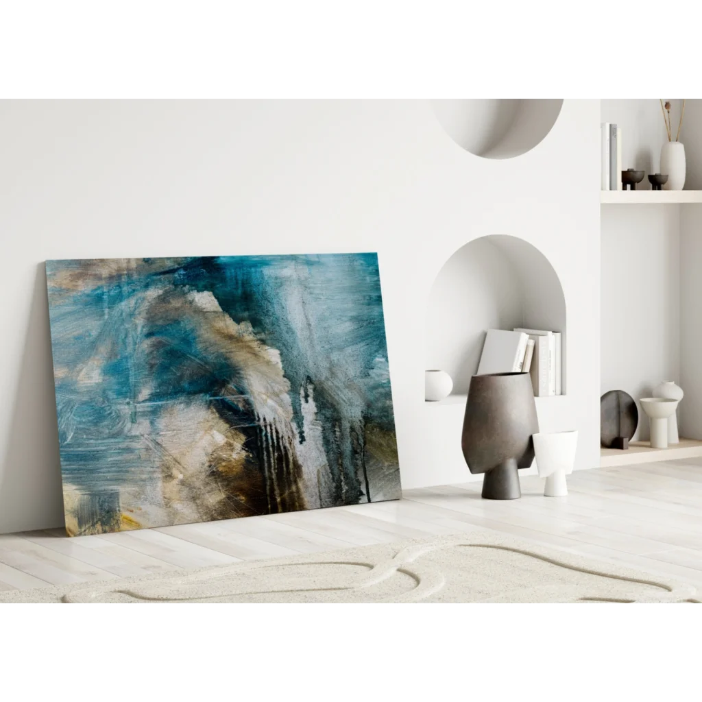 Bold teal abstract canvas wall art with textured brushstrokes