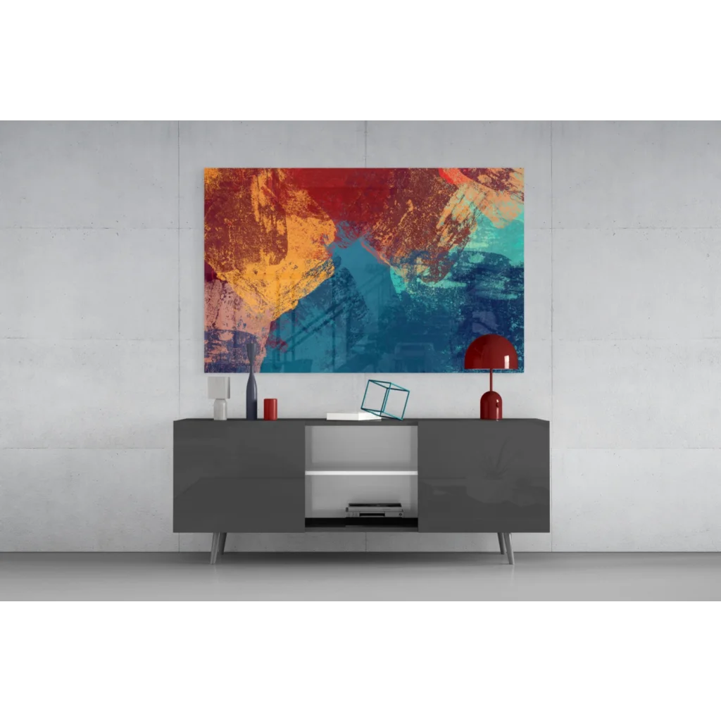 Vibrant abstract glass wall art with bold red orange teal strokes