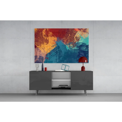 Vibrant abstract glass wall art with bold red orange teal strokes
