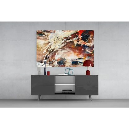 Bold abstract canvas wall art with red, beige, and blue strokes