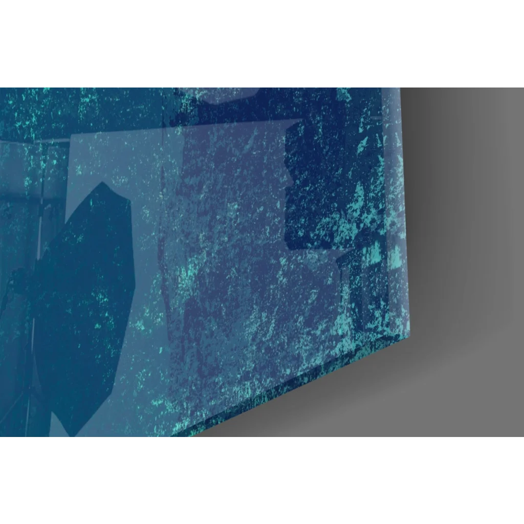 Translucent blue textured glass wall art with speckled surface