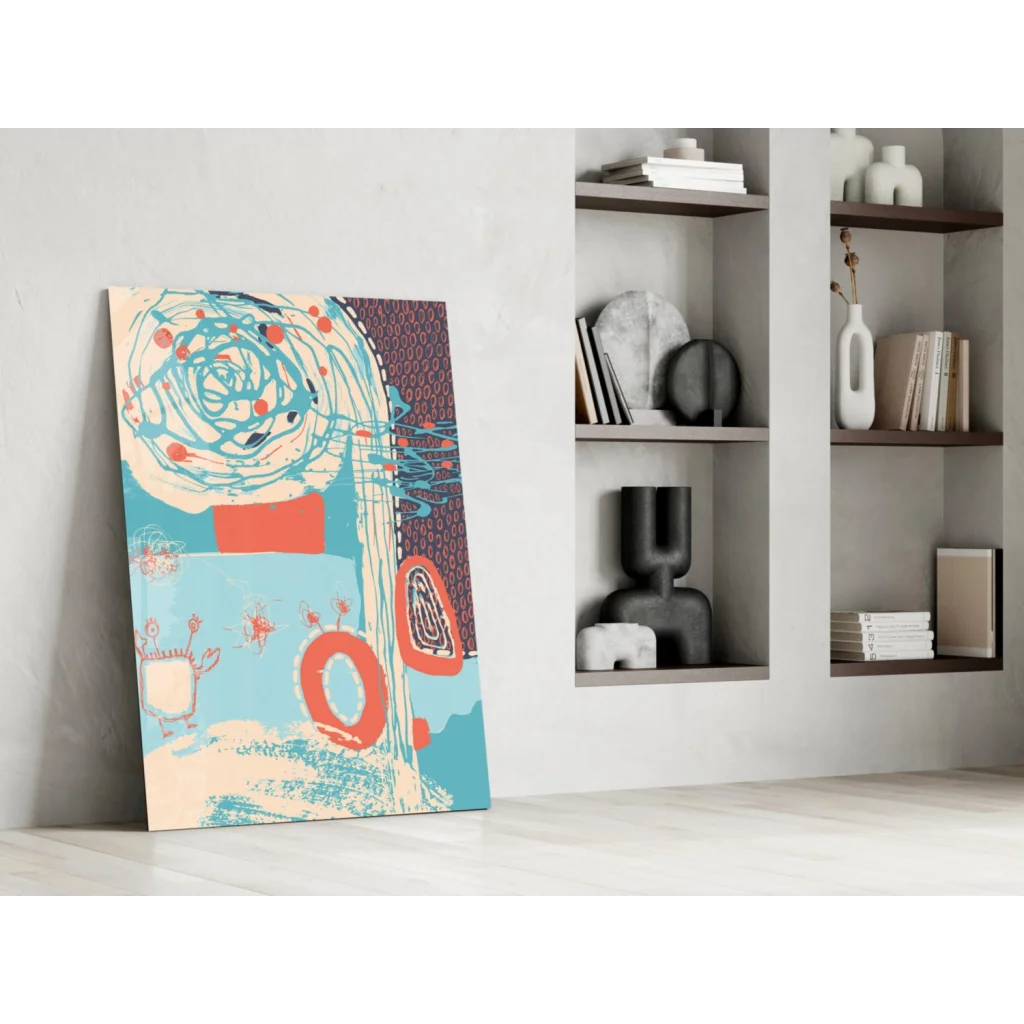 Swirling teal and coral abstract canvas wall art on white wall