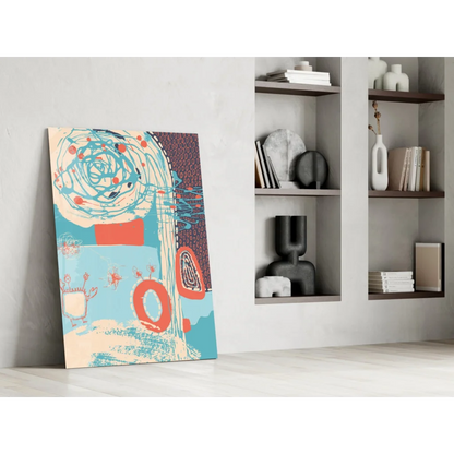 Swirling teal and coral abstract canvas wall art on white wall