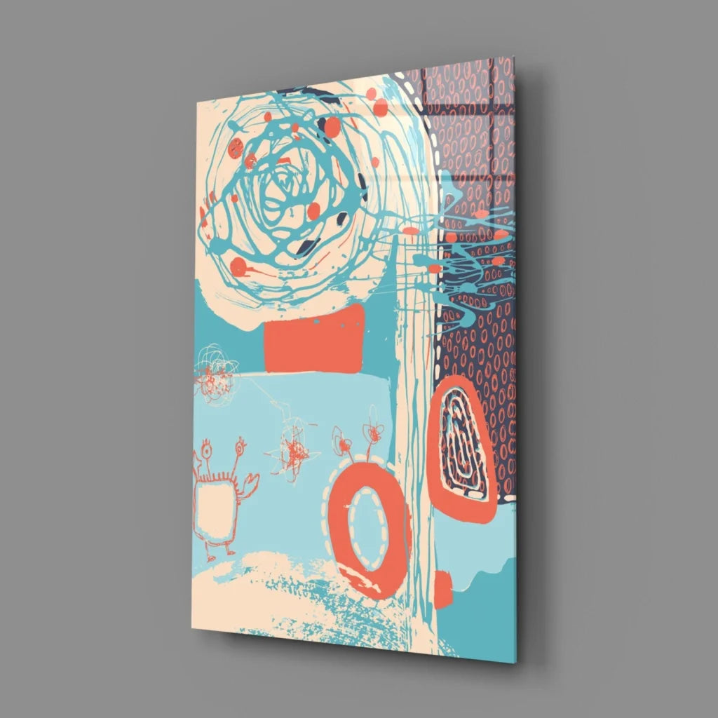 Swirling teal and coral abstract wall art on textured canvas