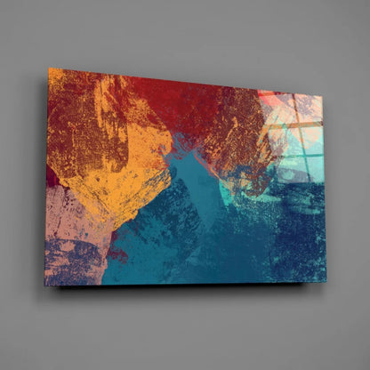 Vibrant abstract glass wall art with bold red orange teal strokes