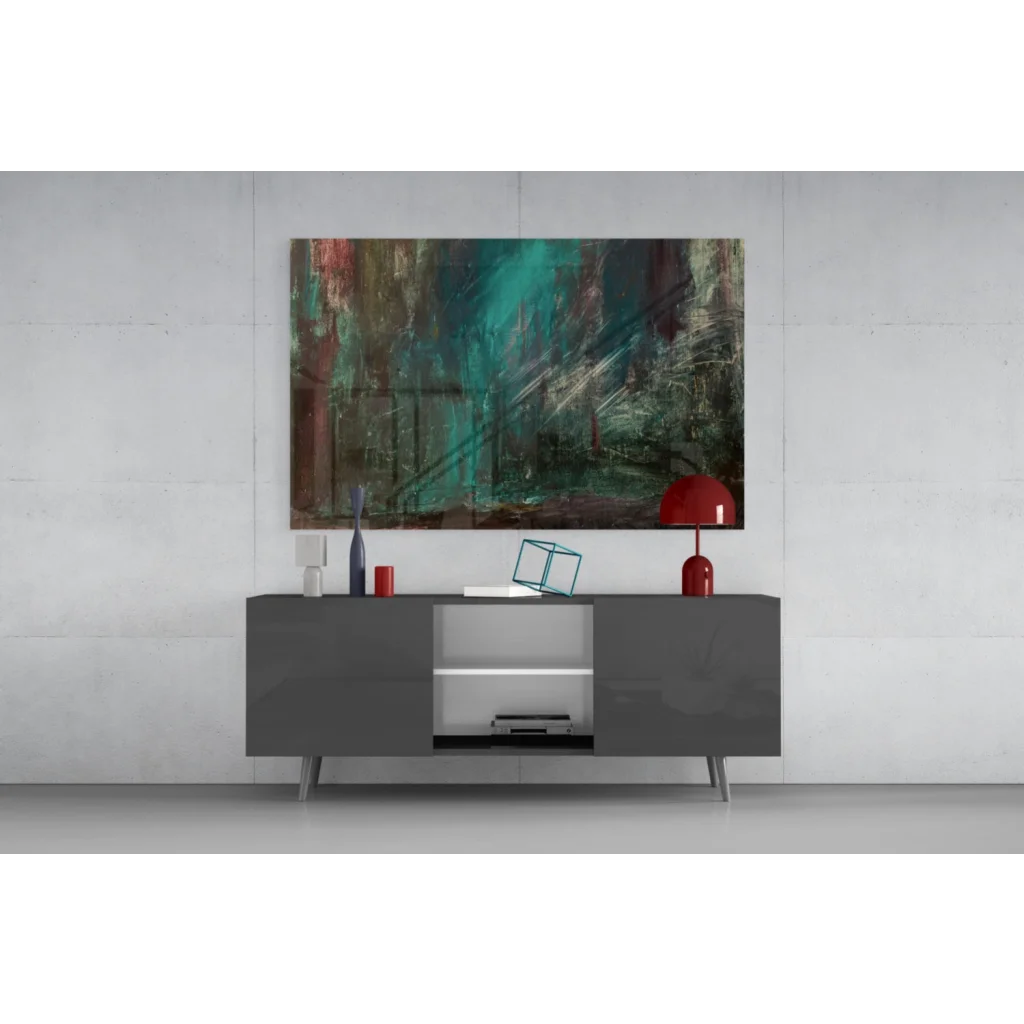 Bold teal and brown textured abstract canvas wall art above gray console