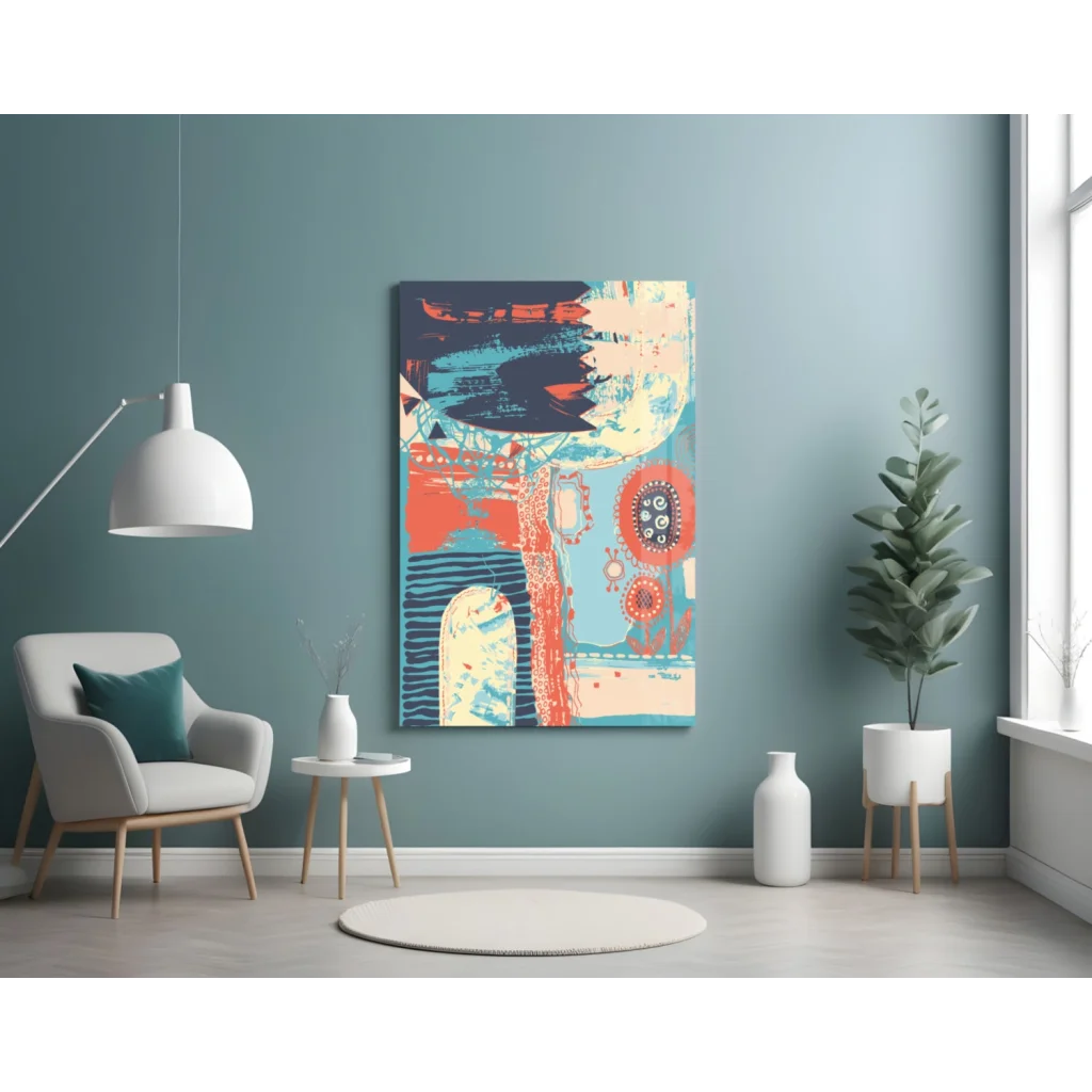 Teal coral abstract canvas wall art with bold brushstrokes