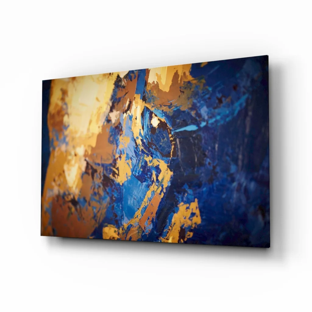 Bold blue and gold abstract canvas wall art with deep paint strokes