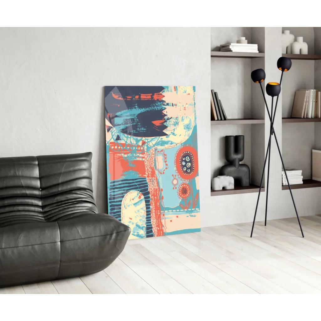 Vibrant teal coral abstract wall art canvas with bold brushstrokes in blue, red, cream hues