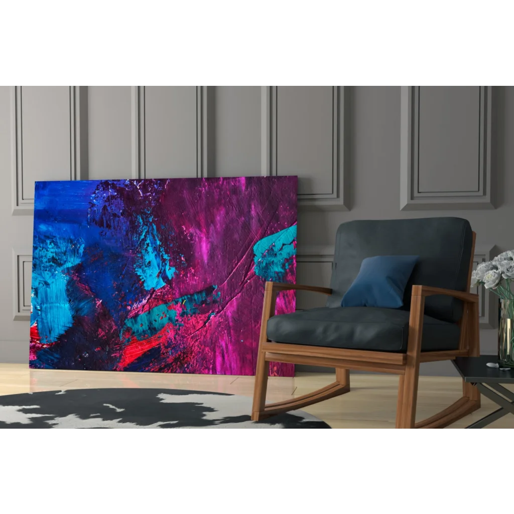 Vibrant electric blue magenta abstract canvas wall art with bold teal strokes