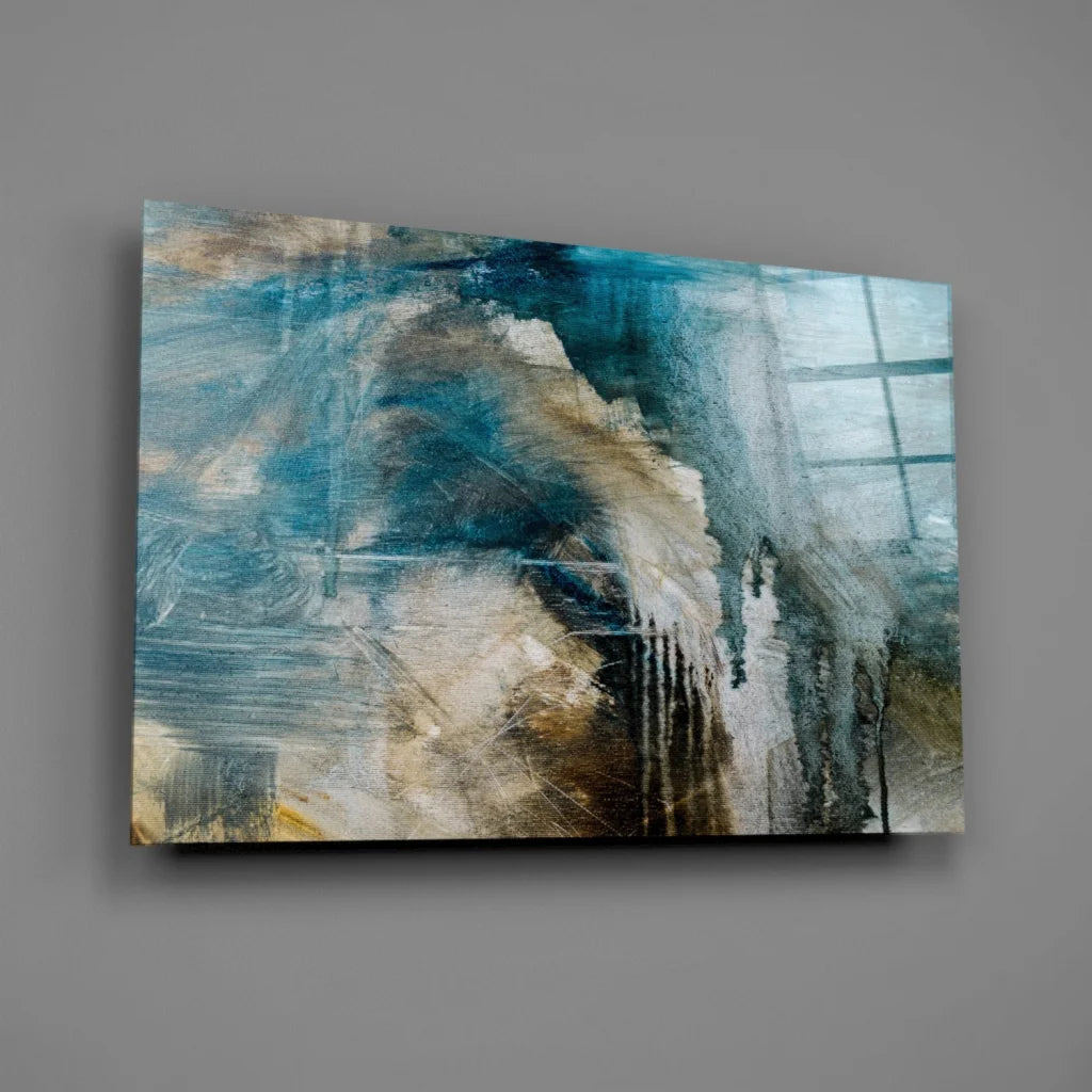 Bold teal abstract canvas wall art with textured brushstrokes in beige and gray