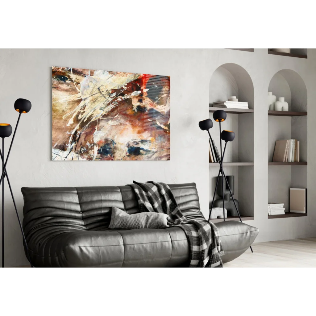 Bold abstract wall art canvas with earthy red and brown strokes above black sofa