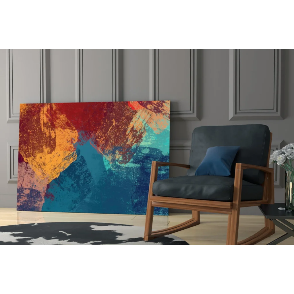 Vibrant abstract glass wall art with bold red orange teal strokes