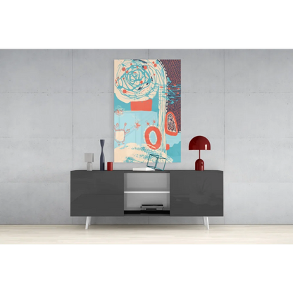 Swirling teal and coral abstract wall art canvas above gray console