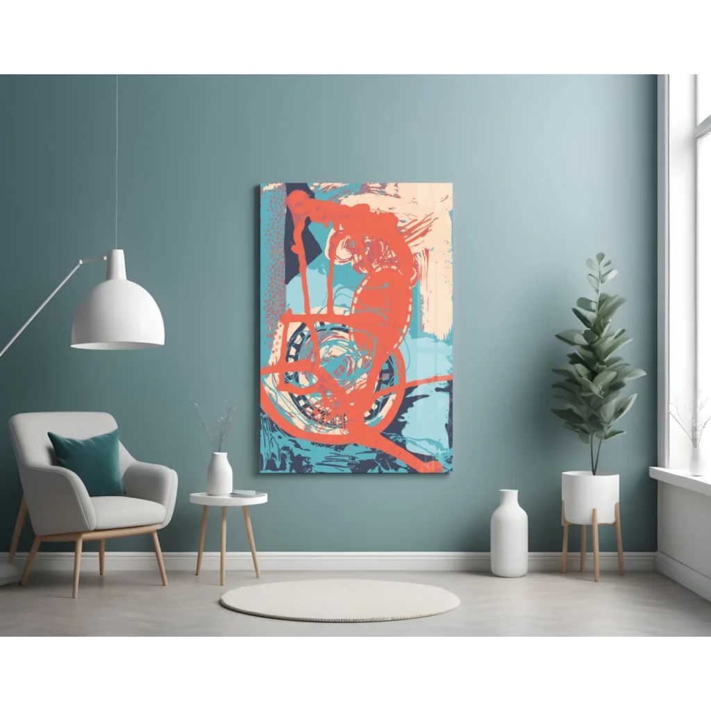 Stunning orange teal glass wall art with vibrant abstract brushstrokes