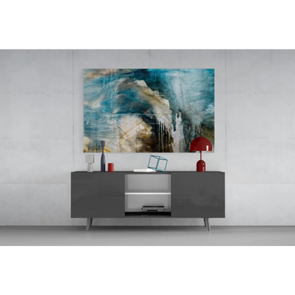 Bold teal abstract wall art canvas with swirling blue, white, beige brushstrokes