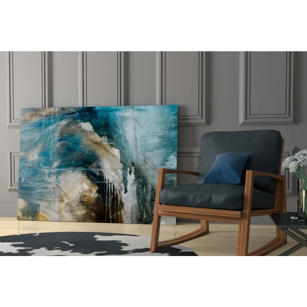 Blue and white abstract wall art canvas with textured brushstrokes on gray wall