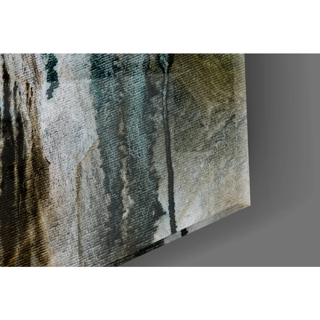 Bold teal abstract canvas wall art in muted green, beige, gray tones