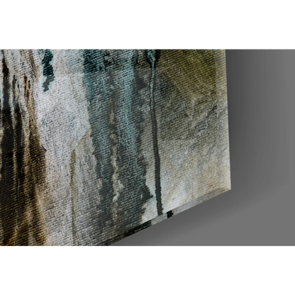 Bold teal abstract canvas wall art in muted green, beige, gray tones