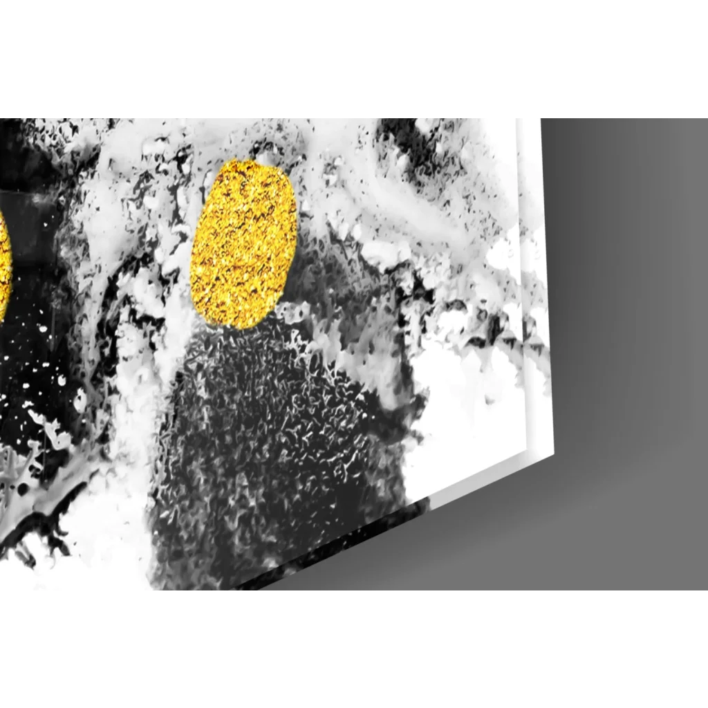 Modern abstract golden oval glass wall art on textured black and white background