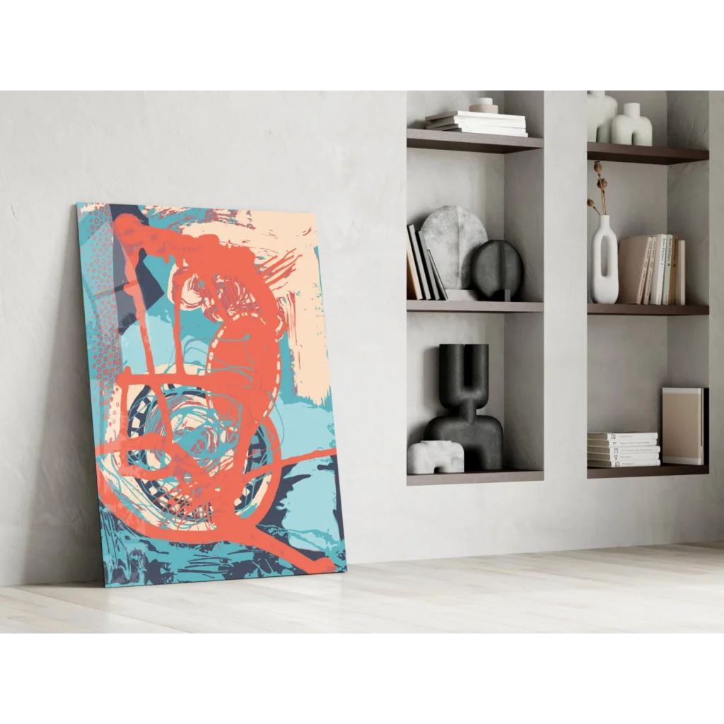 Vibrant orange teal abstract glass wall art with stylized figure