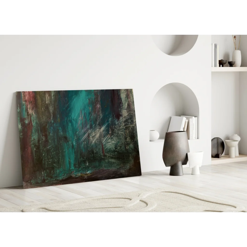Bold teal and brown textured abstract canvas wall art with vivid brushstrokes