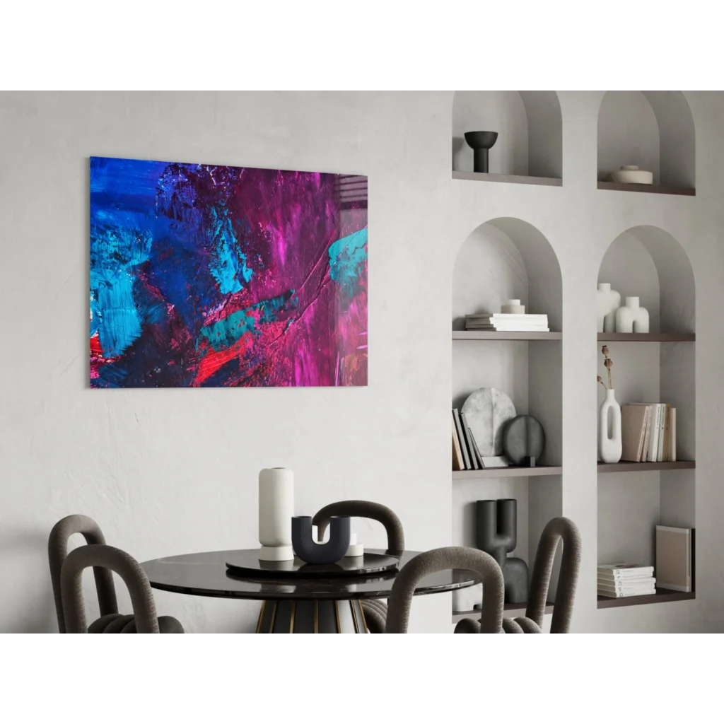 Vibrant electric blue magenta abstract canvas wall art with bold teal strokes