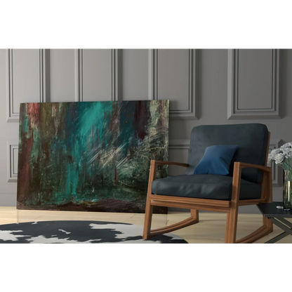 Modern wooden rocking chair with dark blue seat in bold teal wall art setting