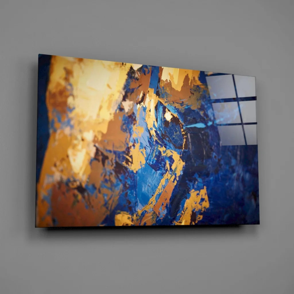 Bold blue and gold abstract canvas wall art with textured layers
