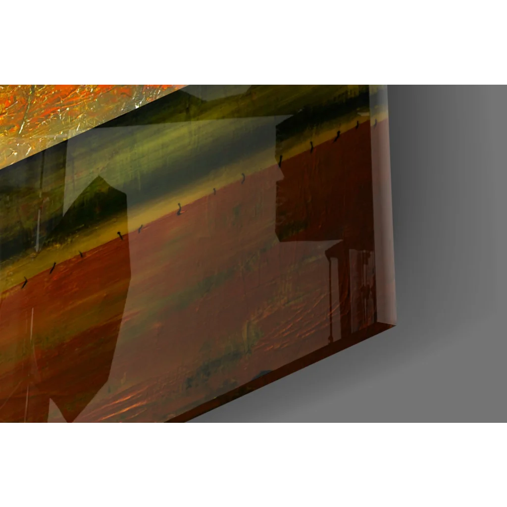 Abstract glass wall art with layered brushstrokes in warm oranges, reds, and greens