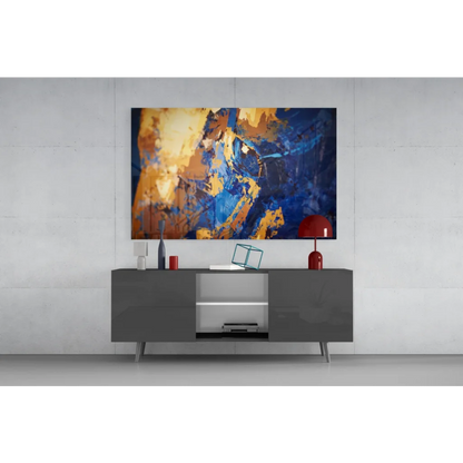 Vibrant bold blue and gold abstract wall art on gray console