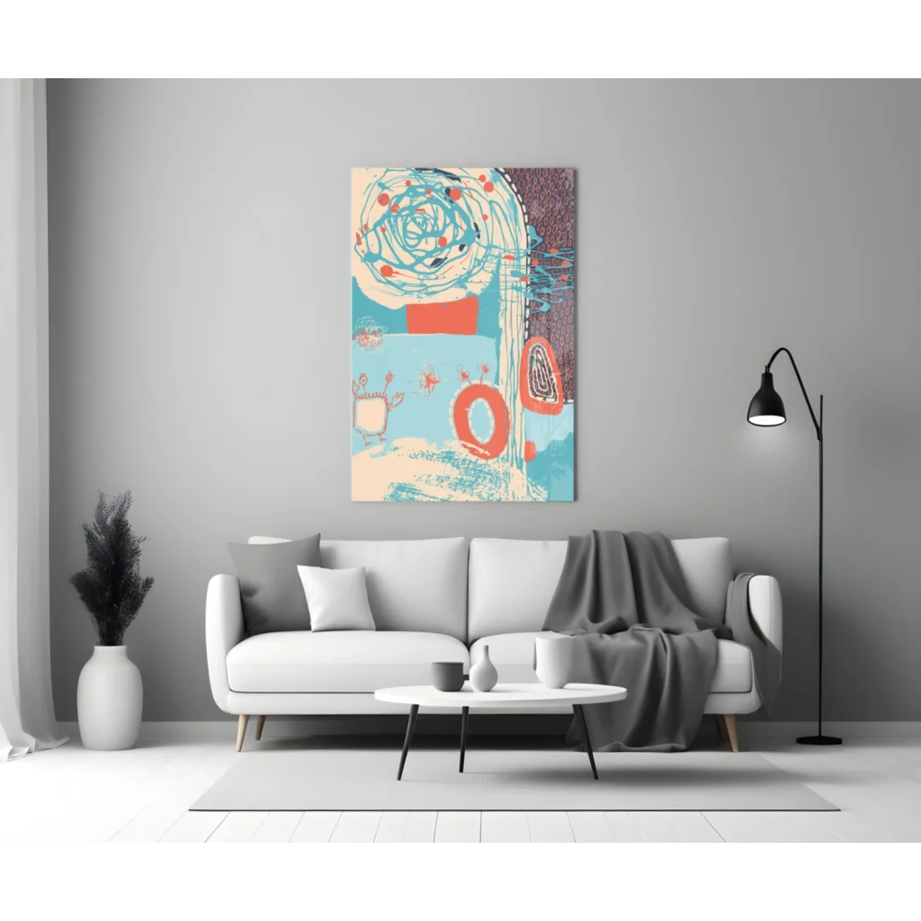 Swirling teal and coral abstract canvas wall art above white sofa