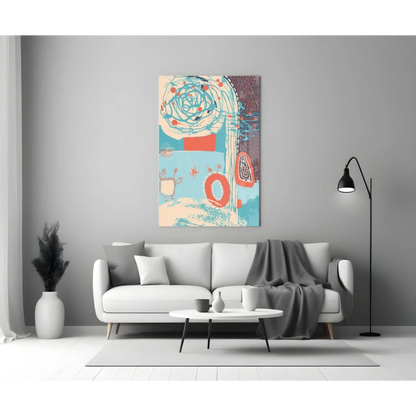 Swirling teal and coral abstract canvas wall art above white sofa