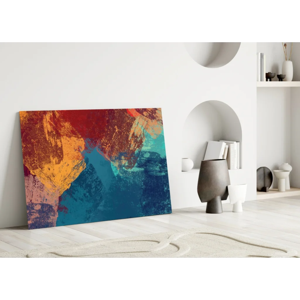 Vibrant abstract glass wall art with bold red orange teal strokes