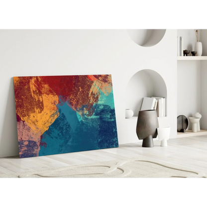 Vibrant abstract glass wall art with bold red orange teal strokes