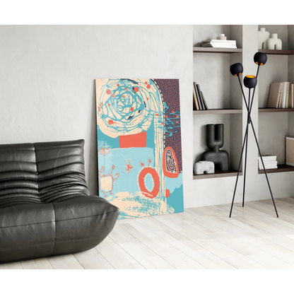 Vibrant swirling teal and coral abstract canvas wall art leaning against wall