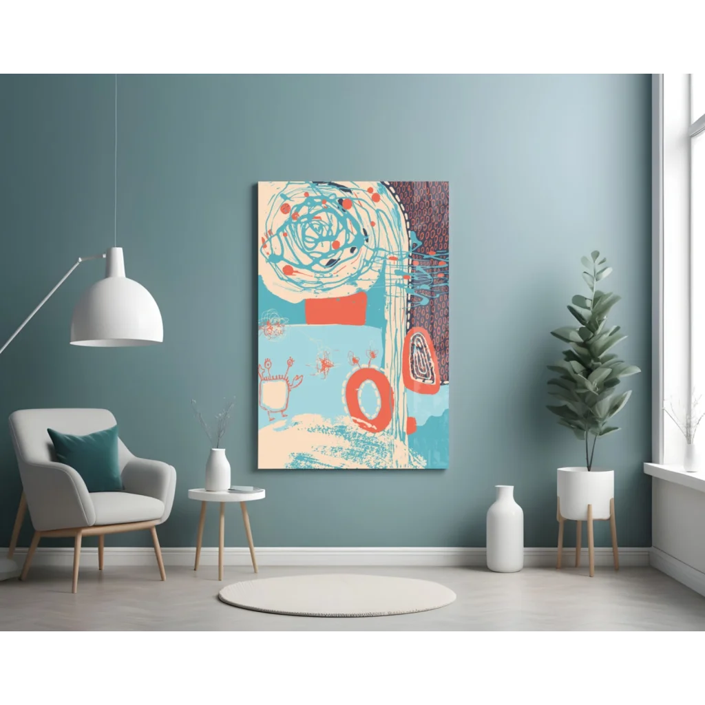 Swirling teal and coral abstract canvas wall art on textured brown background