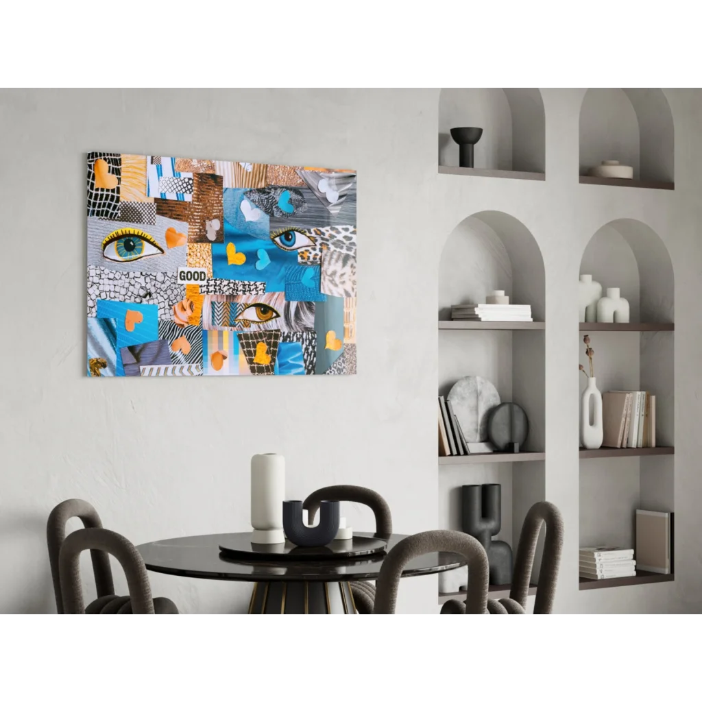 Stunning glass wall art with vibrant teal eyes and orange hearts