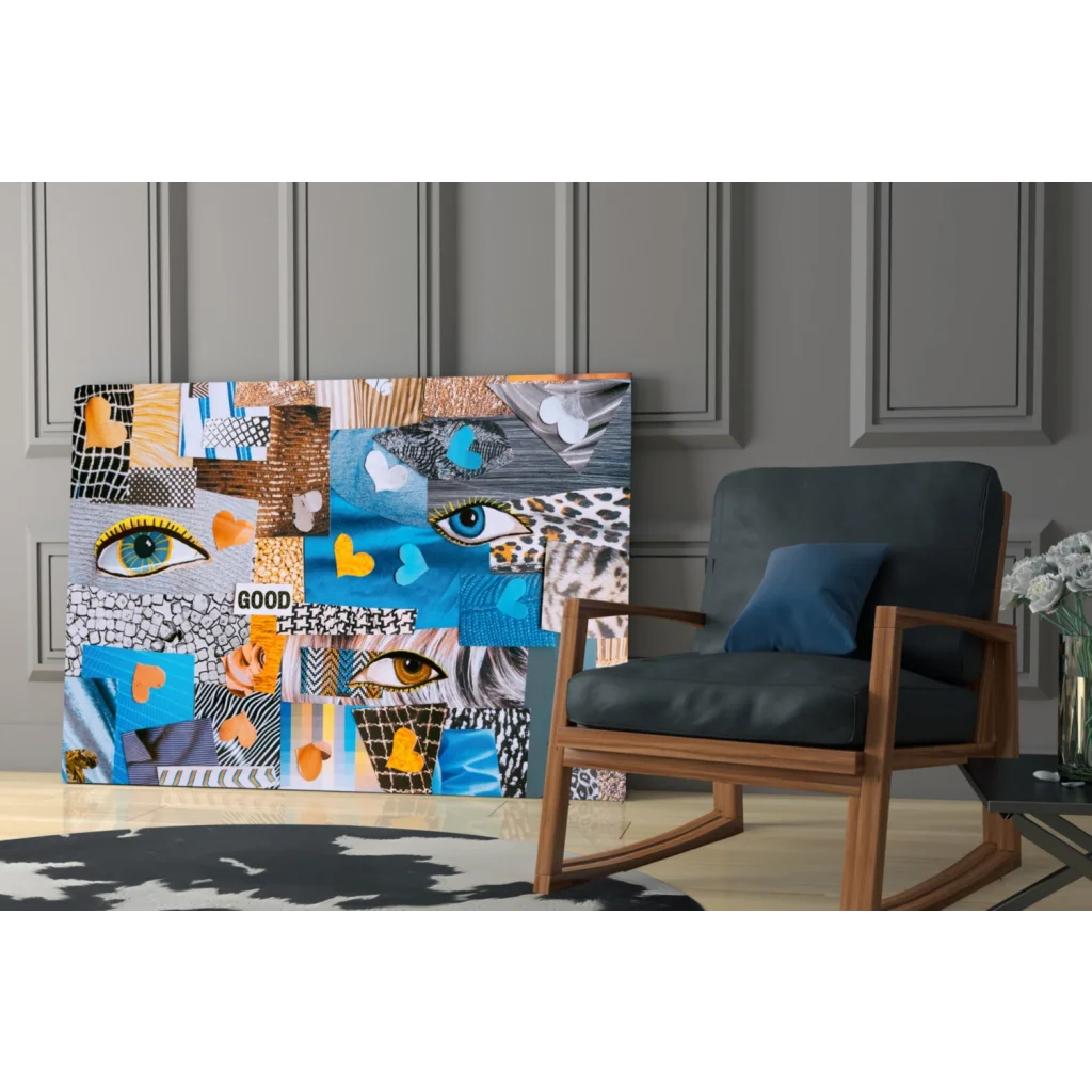 Vibrant glass wall art collage with bold blue eyes and orange hearts