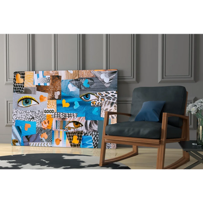 Vibrant glass wall art collage with bold blue eyes and orange hearts