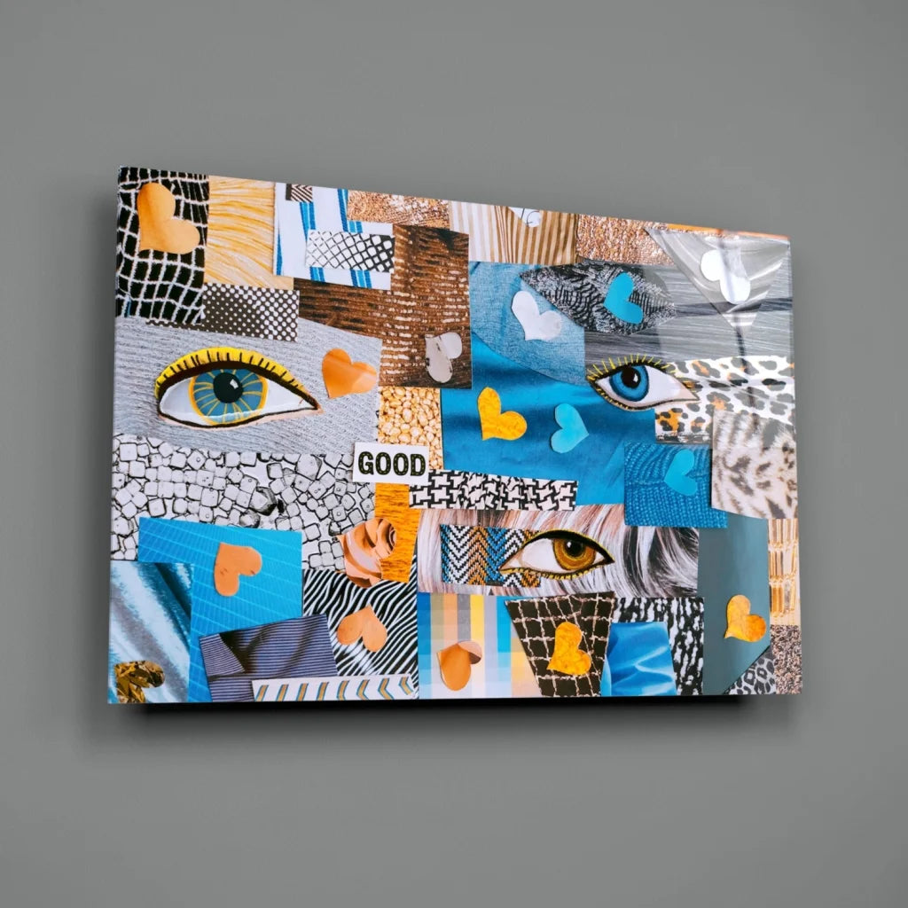 Stunning Patchwork Face Glass Wall Art with Bold Vibrant Eyes | Glass Wall Art Print | vintageantiquesgifts.com
